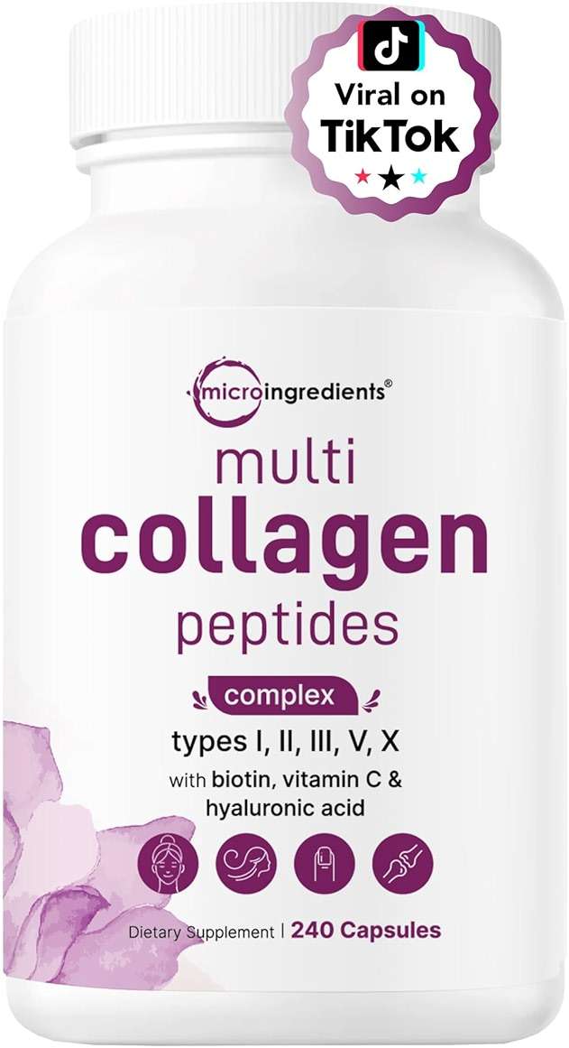 Micro Ingredients Multi Collagen Pills, 240 Capsules | Type I, II, III, V, X | Hydrolyzed Peptides with Biotin, Hyaluronic Acid, & Fat Soluble Vitamin C Complex | Non-GMO, Filler Free - Image 1