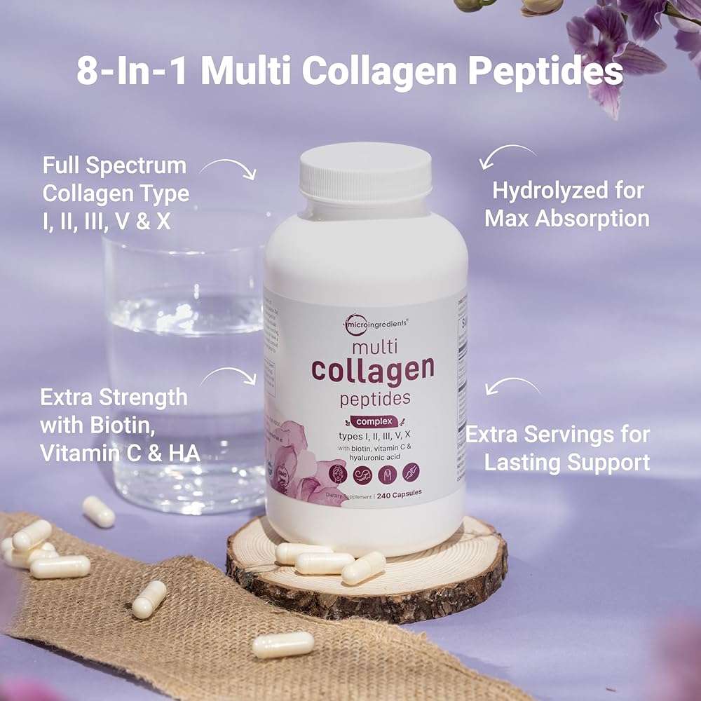 Micro Ingredients Multi Collagen Pills, 240 Capsules | Type I, II, III, V, X | Hydrolyzed Peptides with Biotin, Hyaluronic Acid, & Fat Soluble Vitamin C Complex | Non-GMO, Filler Free - Image 4
