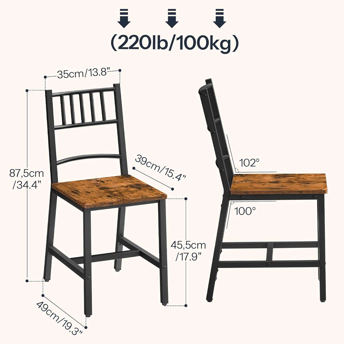 HOOBRO Dining Chairs Set of 2, Wooden Kitchen Chairs with Metal Frame, Industrial Dining Chairs with Back, Easy to Assemble, Farmhouse Dining Chairs for Living Room, Rustic Brown and Black BF39CD01 - Image 3