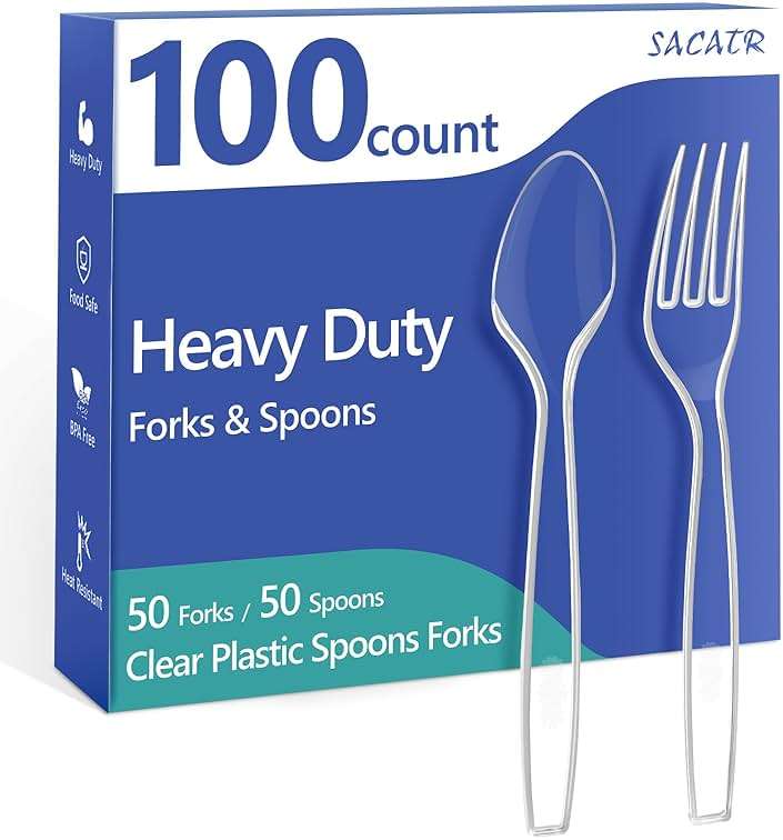 100 Count Plastic Silverware Heavy Duty -50 Forks, 50 Spoons, BPA-Free, Heat Resistant, Disposable Plastic Utensils Set, Plastic Cutlery Set, Plasticware Suitable for Party Everyday Use - Image 1
