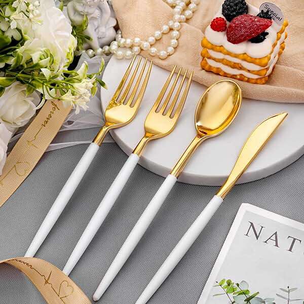 SUT Gold Plastic Silverware, 160Pcs Gold Utensils Set Disposable, 80 Gold Plastic Forks, 40 Gold Knives, 40 Gold Spoons, Gold Plastic Cutlery for Parties, Dinners, Weddings(White Gold) - Image 4
