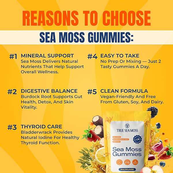 TrueSeaMoss Sea Moss Gummies with Bladderwrack & Burdock Root – Vegan Formula for Adults & Kids – Fruity Flavor – 60 Gummies (Pouch May Vary) - Image 4