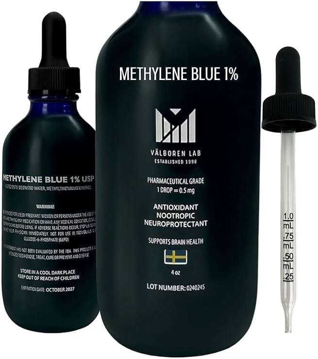 Valboren Labs Methylene Blue Pharmaceutical Grade 4oz - Made in USA - Third Party Tested - Dietary Supplement - Formaldehyde & Alcohol-Free - Methane Blue for Humans 1% Drops (118ML Bottle) - Image 1