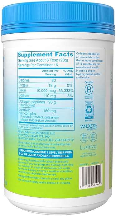 Vital Proteins Collagen Peptides + Biotin 10000mcg Hair Complex, Hair Growth Supplement - Clinically Studied Lustriva to Promote Thicker Fuller Hair, 20g Unflavored Collagen for Women 11.4oz Powder - Image 8