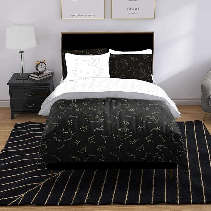 Jay Franco Hello Kitty Stars Twin Comforter Set - 5 Piece Bedding Includes Sheet Set & Pillow Covers - Super Soft Zodiac Black & Gold Bedding - Image 2