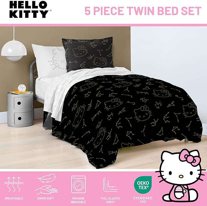 Jay Franco Hello Kitty Stars Twin Comforter Set - 5 Piece Bedding Includes Sheet Set & Pillow Covers - Super Soft Zodiac Black & Gold Bedding - Image 5