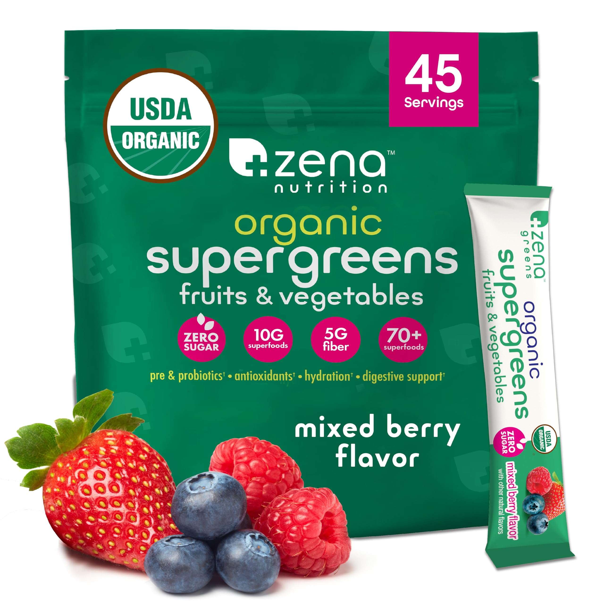 Zena Nutrition Organic Super Greens Powder, 70+ Superfoods, 0 Sugar, 5G Fiber, Spirulina, Chlorella, Antioxidants, Prebiotics/Probiotics, Digestive Enzymes, Mixed Berry, 45 Drink Mix Packets - Image 1