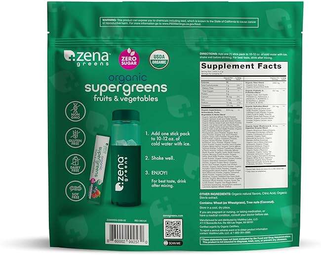 Zena Nutrition Organic Super Greens Powder, 70+ Superfoods, 0 Sugar, 5G Fiber, Spirulina, Chlorella, Antioxidants, Prebiotics/Probiotics, Digestive Enzymes, Mixed Berry, 45 Drink Mix Packets - Image 2