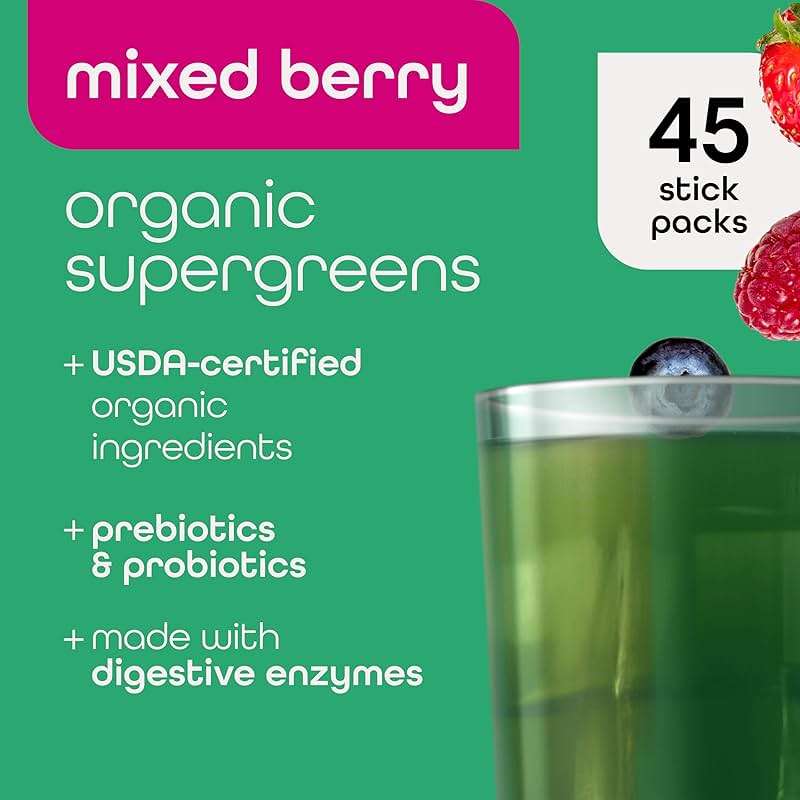 Zena Nutrition Organic Super Greens Powder, 70+ Superfoods, 0 Sugar, 5G Fiber, Spirulina, Chlorella, Antioxidants, Prebiotics/Probiotics, Digestive Enzymes, Mixed Berry, 45 Drink Mix Packets - Image 3