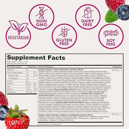 Zena Nutrition Organic Super Greens Powder, 70+ Superfoods, 0 Sugar, 5G Fiber, Spirulina, Chlorella, Antioxidants, Prebiotics/Probiotics, Digestive Enzymes, Mixed Berry, 45 Drink Mix Packets - Image 7