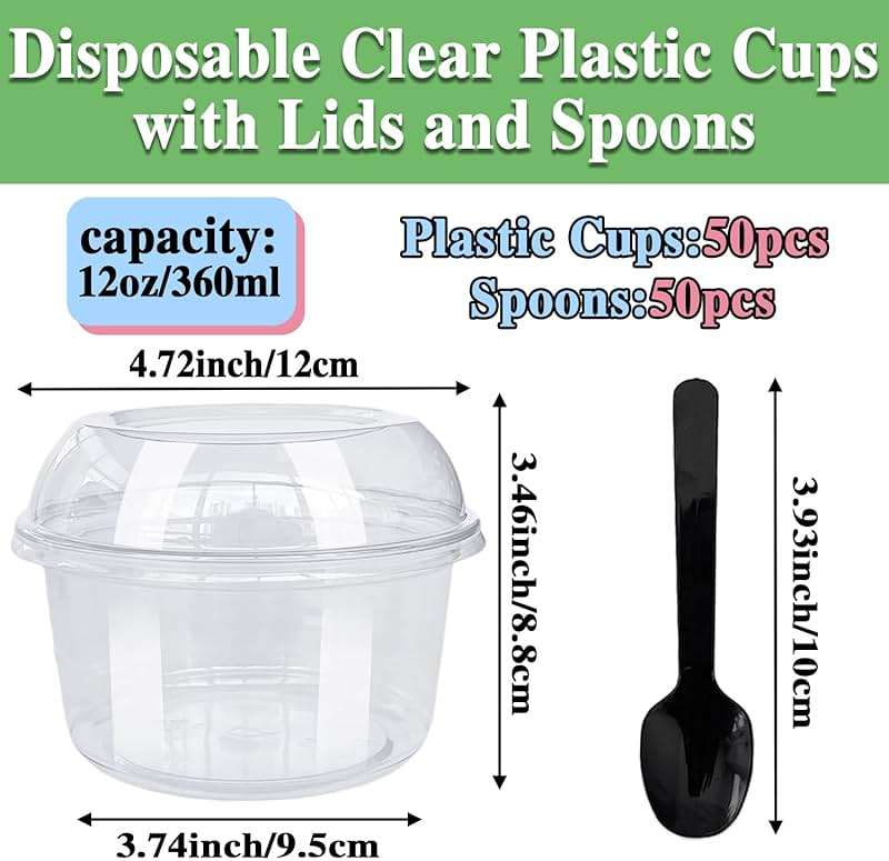 Alaeseje 50 Pack 12 oz Disposable Clear Plastic Cups,PET Dessert Cups with Lids and Spoons,Disposable Snack Bowls for Cupcake,Pudding,Snacks,Yogurt,ParfaitFruits,Mousse - Image 3