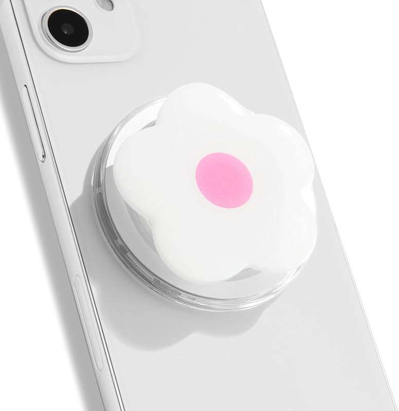 OnTheGrip Compatible with Magsafe Magnetic Cute Solid Color Daisy Flower Design Collapsible Mobile Phone Grip Stand Holder for Smartphone Tablet Cell Phone Accessory (White Pink) - Image 1
