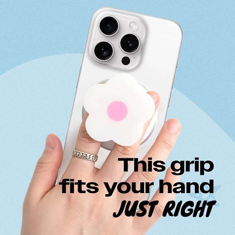 OnTheGrip Compatible with Magsafe Magnetic Cute Solid Color Daisy Flower Design Collapsible Mobile Phone Grip Stand Holder for Smartphone Tablet Cell Phone Accessory (White Pink) - Image 2