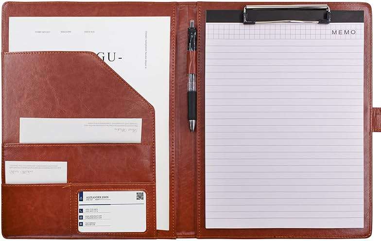 VANRA Padfolio Clipboard Folder Leather Portfolio Binder Organizer Interview Resume Folder for Papers Legal Document A4 Letter Size Writing Pad Notepad Clip Boards with Business Card Holder (Brown) - Image 1