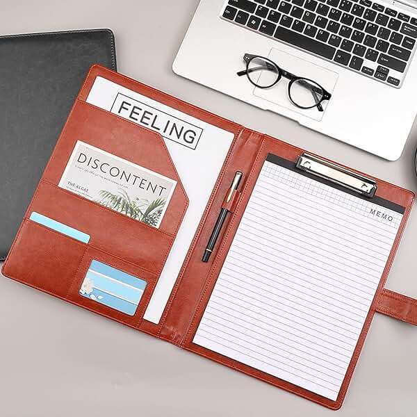 VANRA Padfolio Clipboard Folder Leather Portfolio Binder Organizer Interview Resume Folder for Papers Legal Document A4 Letter Size Writing Pad Notepad Clip Boards with Business Card Holder (Brown) - Image 2