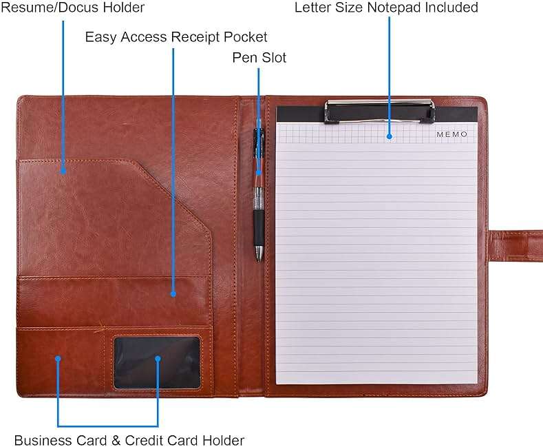 VANRA Padfolio Clipboard Folder Leather Portfolio Binder Organizer Interview Resume Folder for Papers Legal Document A4 Letter Size Writing Pad Notepad Clip Boards with Business Card Holder (Brown) - Image 4