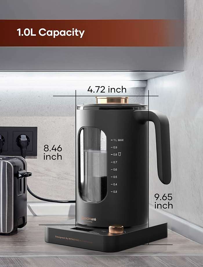 Electric Tea Kettle, INTASTING Glass Electric Kettle with tea Infuser and Precise knob temperature control, 1200W Fast Heating, BPA-Free, Easy to Clean, 1 Liter (Dark Gray) - Image 3
