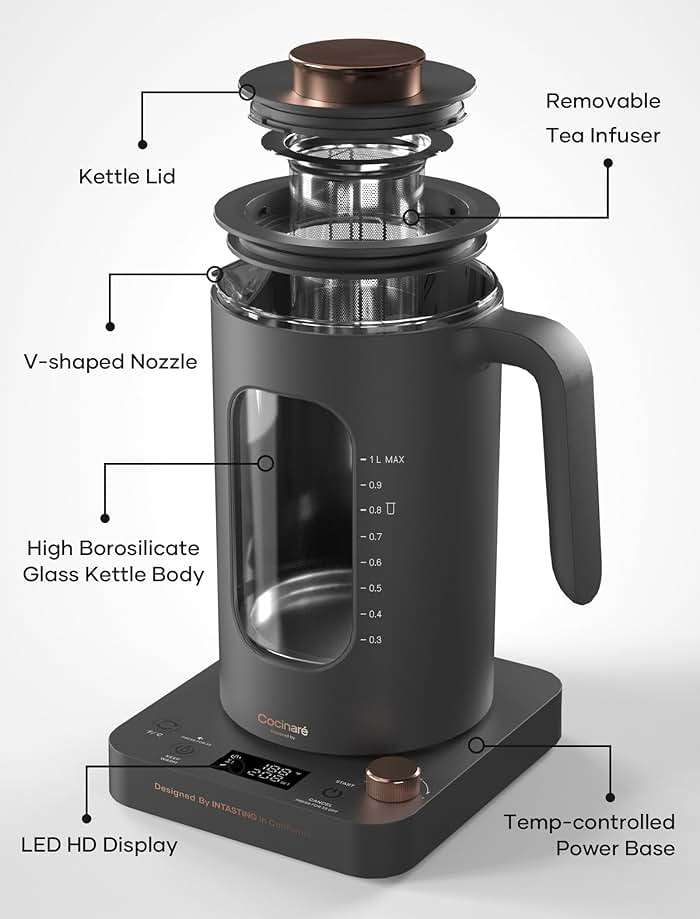 Electric Tea Kettle, INTASTING Glass Electric Kettle with tea Infuser and Precise knob temperature control, 1200W Fast Heating, BPA-Free, Easy to Clean, 1 Liter (Dark Gray) - Image 4