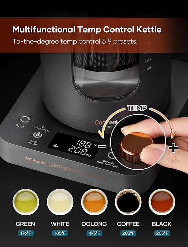 Electric Tea Kettle, INTASTING Glass Electric Kettle with tea Infuser and Precise knob temperature control, 1200W Fast Heating, BPA-Free, Easy to Clean, 1 Liter (Dark Gray) - Image 5