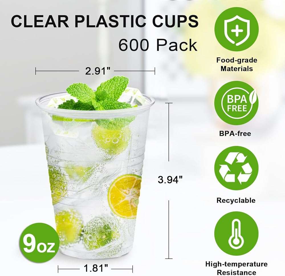 SIUQ 600 Pack 9 oz Plastic Cups, Clear Disposable Cups, Hot/Cold Party Drinking Cups, PP Clear Plastic Cups Bulk for Party, Picnic, BBQ, Wedding, Travel - Image 3