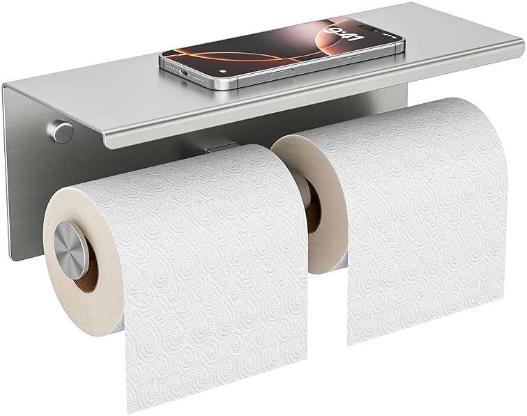 FORIOUS Double Toilet Paper Holder with Shelf, Wall Mount Tissue Roll Holder for Bathroom, 304 Stainless Steel Commercial Toilet Paper Dispensers with Phone Shelf (1, Brushed Nickel) - Image 1
