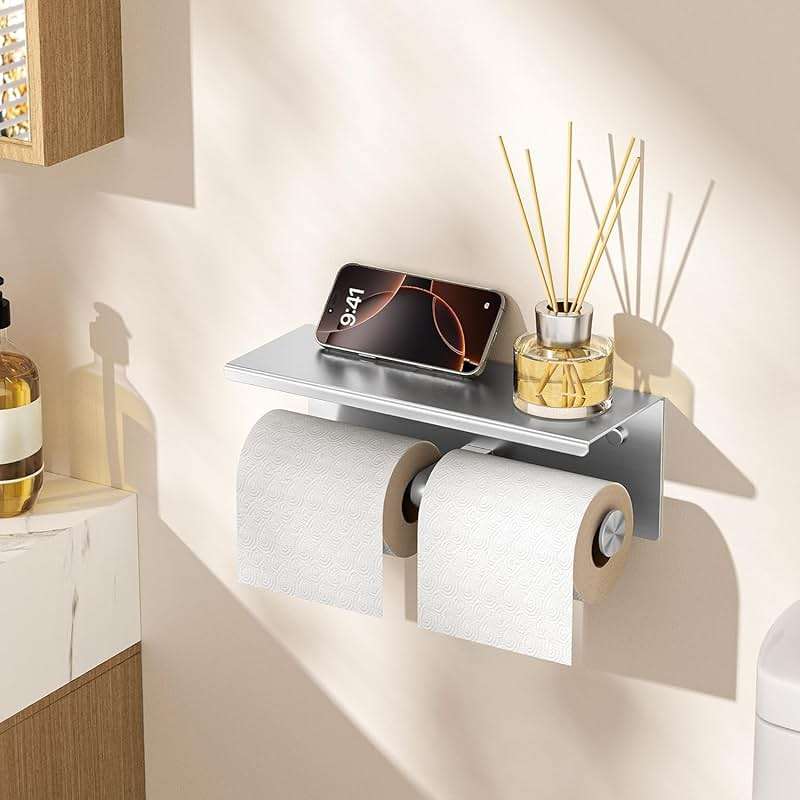 FORIOUS Double Toilet Paper Holder with Shelf, Wall Mount Tissue Roll Holder for Bathroom, 304 Stainless Steel Commercial Toilet Paper Dispensers with Phone Shelf (1, Brushed Nickel) - Image 2