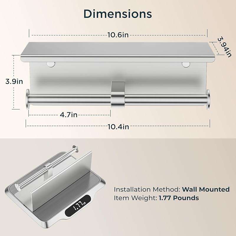 FORIOUS Double Toilet Paper Holder with Shelf, Wall Mount Tissue Roll Holder for Bathroom, 304 Stainless Steel Commercial Toilet Paper Dispensers with Phone Shelf (1, Brushed Nickel) - Image 3