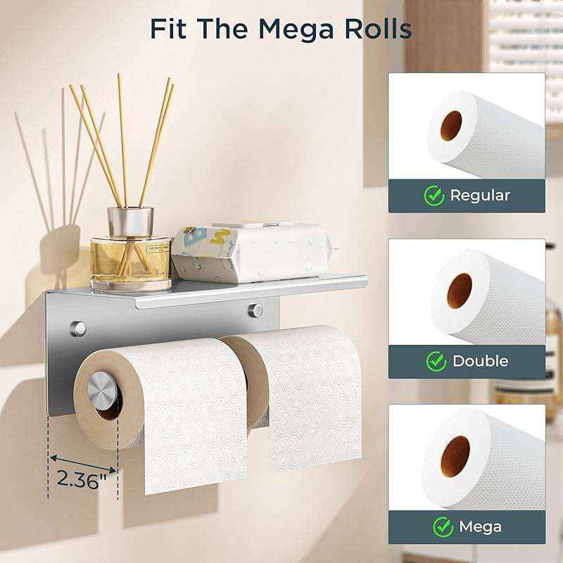 FORIOUS Double Toilet Paper Holder with Shelf, Wall Mount Tissue Roll Holder for Bathroom, 304 Stainless Steel Commercial Toilet Paper Dispensers with Phone Shelf (1, Brushed Nickel) - Image 4