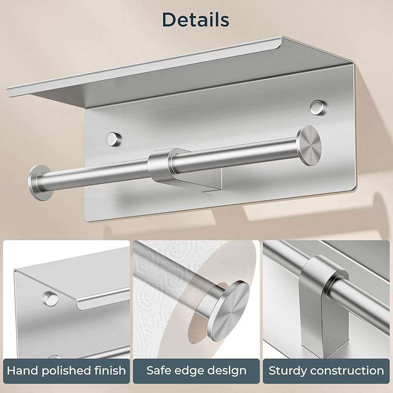 FORIOUS Double Toilet Paper Holder with Shelf, Wall Mount Tissue Roll Holder for Bathroom, 304 Stainless Steel Commercial Toilet Paper Dispensers with Phone Shelf (1, Brushed Nickel) - Image 5