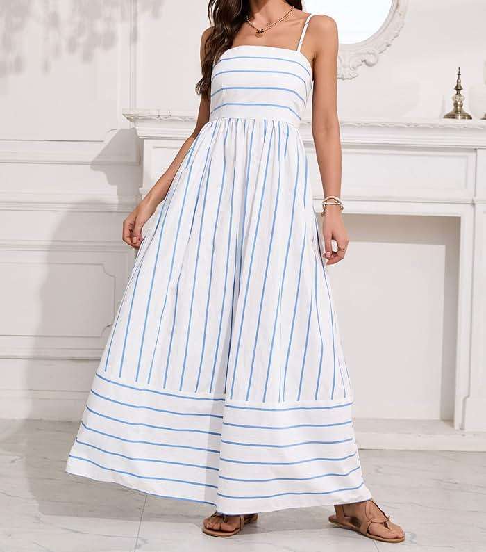 chouyatou Women's Striped Back Smocked Maxi Dress Sexy Spaghetti Strap Cut Out Flowy Swing Long Dress - Image 2