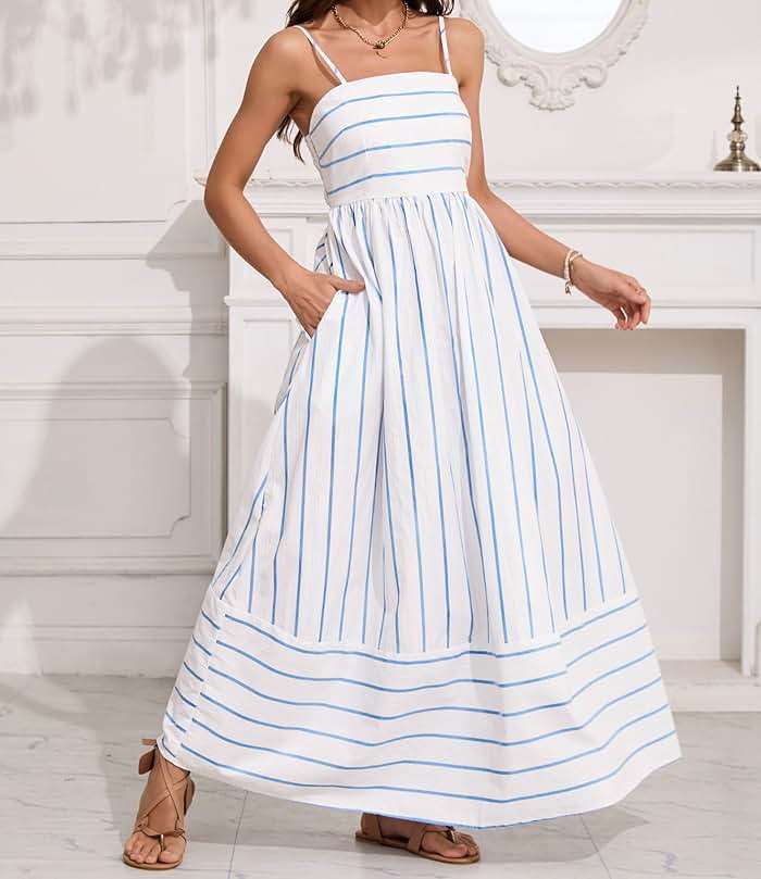 chouyatou Women's Striped Back Smocked Maxi Dress Sexy Spaghetti Strap Cut Out Flowy Swing Long Dress - Image 4