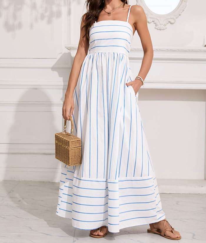 chouyatou Women's Striped Back Smocked Maxi Dress Sexy Spaghetti Strap Cut Out Flowy Swing Long Dress - Image 5
