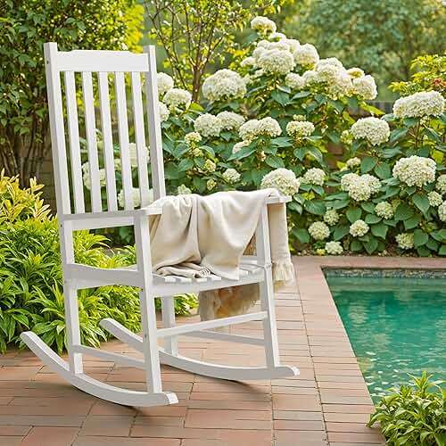 Flamaker Outdoor Rocking Chair Oversized Wooden Patio Chairs with Widened Armrest High Back Porch Rocker for Lawn, Garden, Backyard, Fire Pit (White) - Image 2