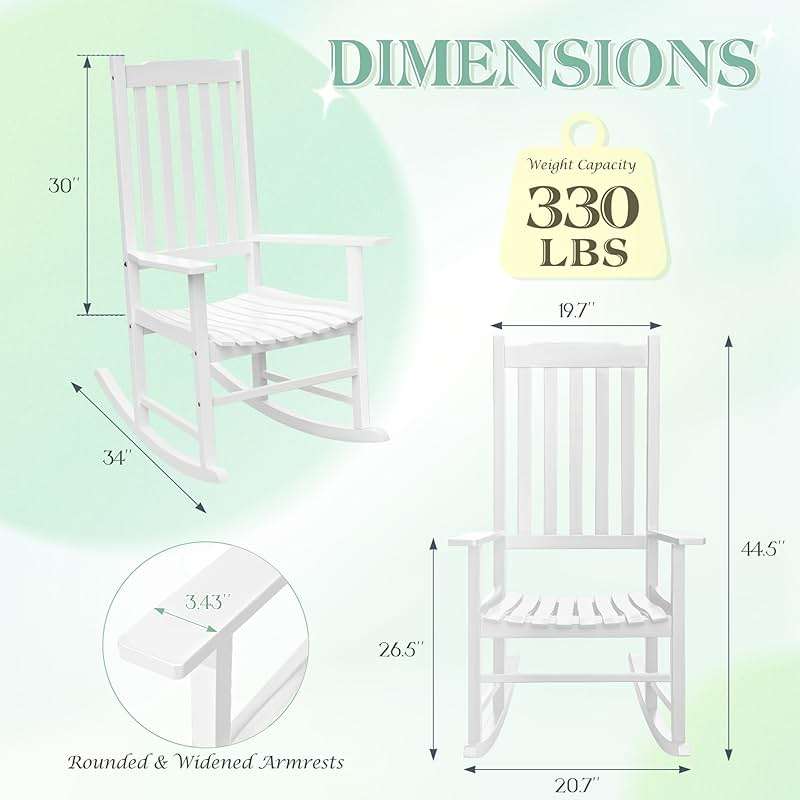 Flamaker Outdoor Rocking Chair Oversized Wooden Patio Chairs with Widened Armrest High Back Porch Rocker for Lawn, Garden, Backyard, Fire Pit (White) - Image 3