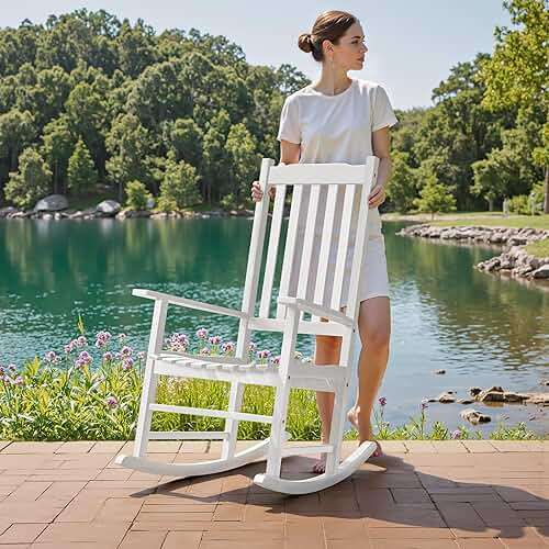 Flamaker Outdoor Rocking Chair Oversized Wooden Patio Chairs with Widened Armrest High Back Porch Rocker for Lawn, Garden, Backyard, Fire Pit (White) - Image 4