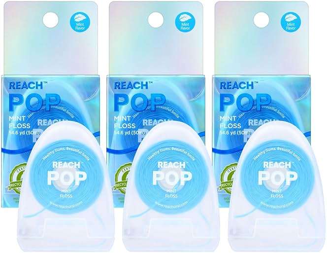REACH POP Dental Floss, Mint, Plaque Remover for Teeth, Shred Resistant, Vegan Wax, Cruelty Free, Eco Friendly Packaging, Oral Care, PFAS Free, for Adults & Kids, 3 Pack, 54.6 yd - Image 1