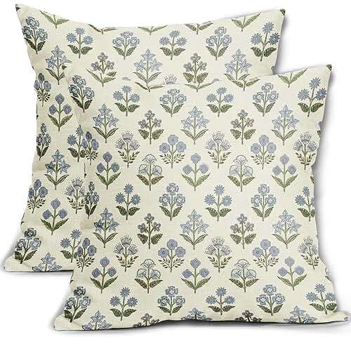 Sivirary Blue Green Block Print Pillow Covers 18x18 Inch Set of 2, Vintage Floral Spring Decorative Throw Pillow Cases Boho Cushion Covers Rustic Decoration Gift Farmhouse Sofa Couch Bed Decor - Image 1