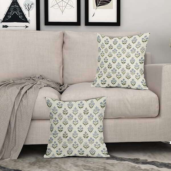 Sivirary Blue Green Block Print Pillow Covers 18x18 Inch Set of 2, Vintage Floral Spring Decorative Throw Pillow Cases Boho Cushion Covers Rustic Decoration Gift Farmhouse Sofa Couch Bed Decor - Image 2