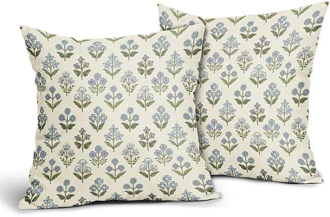 Sivirary Blue Green Block Print Pillow Covers 18x18 Inch Set of 2, Vintage Floral Spring Decorative Throw Pillow Cases Boho Cushion Covers Rustic Decoration Gift Farmhouse Sofa Couch Bed Decor - Image 4
