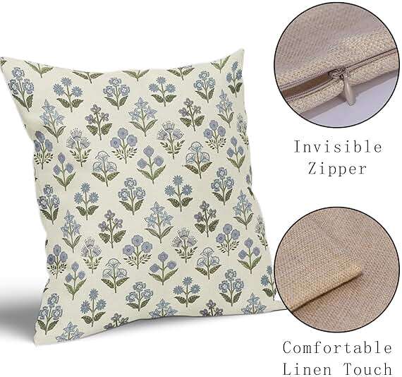Sivirary Blue Green Block Print Pillow Covers 18x18 Inch Set of 2, Vintage Floral Spring Decorative Throw Pillow Cases Boho Cushion Covers Rustic Decoration Gift Farmhouse Sofa Couch Bed Decor - Image 5