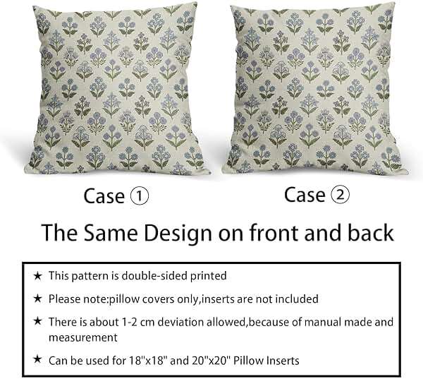 Sivirary Blue Green Block Print Pillow Covers 18x18 Inch Set of 2, Vintage Floral Spring Decorative Throw Pillow Cases Boho Cushion Covers Rustic Decoration Gift Farmhouse Sofa Couch Bed Decor - Image 6