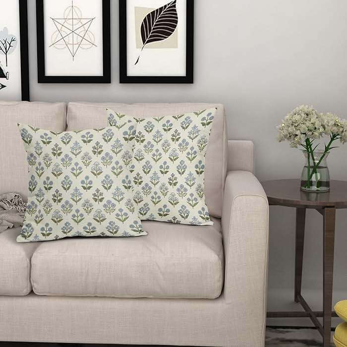 Sivirary Blue Green Block Print Pillow Covers 18x18 Inch Set of 2, Vintage Floral Spring Decorative Throw Pillow Cases Boho Cushion Covers Rustic Decoration Gift Farmhouse Sofa Couch Bed Decor - Image 7