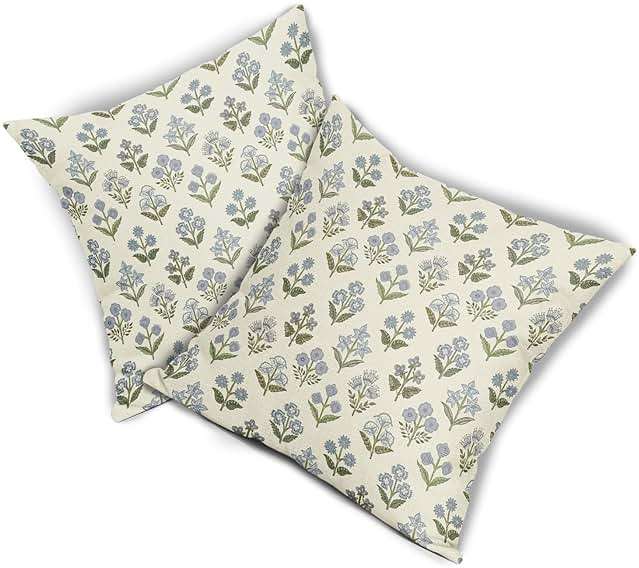 Sivirary Blue Green Block Print Pillow Covers 18x18 Inch Set of 2, Vintage Floral Spring Decorative Throw Pillow Cases Boho Cushion Covers Rustic Decoration Gift Farmhouse Sofa Couch Bed Decor - Image 8