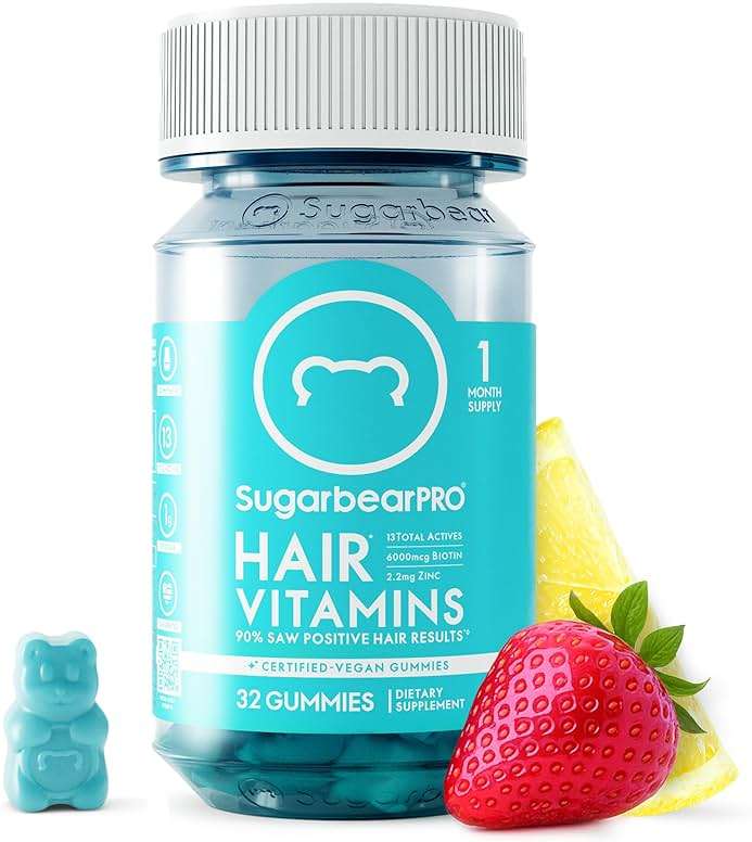 SugarbearPRO Hair Vitamin Gummy 1 Month Supply, Extra Strength Biotin 6000mcg for Hair Growth, Vegan Vitamin B12, MSM, Inositol, Omega 3, Elderberry, Certified Kosher, Halal, Cruelty-Free - Image 1