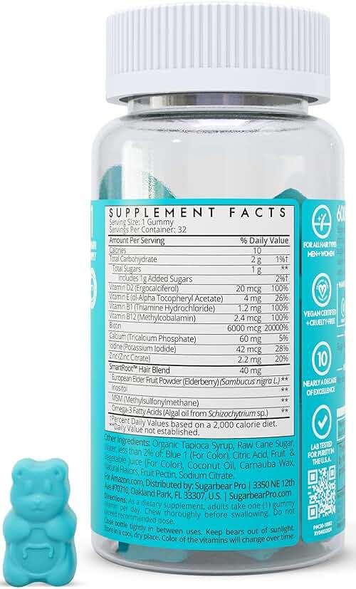 SugarbearPRO Hair Vitamin Gummy 1 Month Supply, Extra Strength Biotin 6000mcg for Hair Growth, Vegan Vitamin B12, MSM, Inositol, Omega 3, Elderberry, Certified Kosher, Halal, Cruelty-Free - Image 2