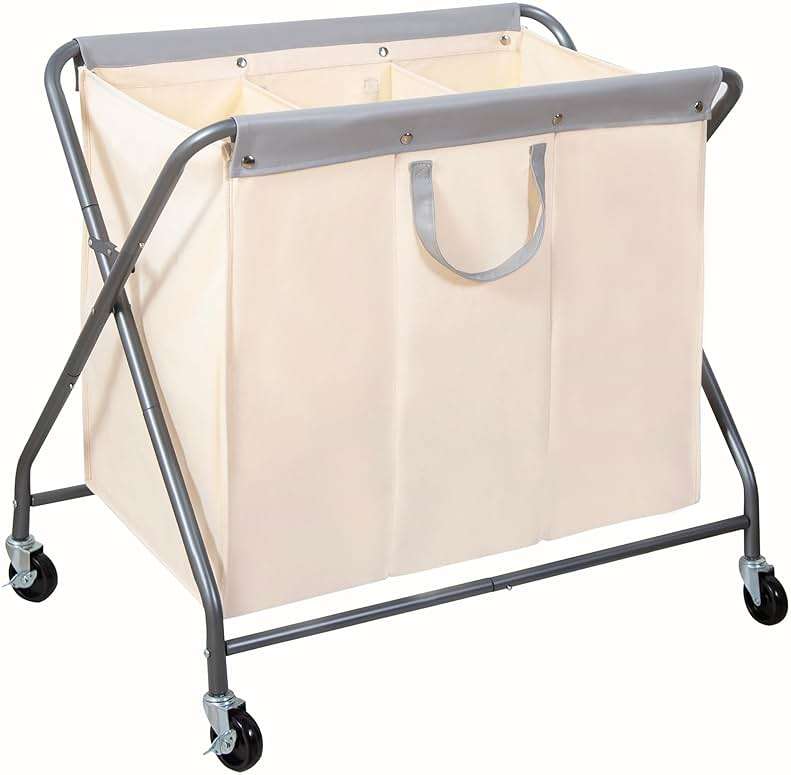 STORAGE MANIAC 160L Collapsible Laundry Hamper with Wheels, Rolling Laundry Basket, Heavy Duty Cloth Sorter with Removable Bag, Folding X Frame Clothes Organizer Cart for Easy to Store, 3 Section - Image 1