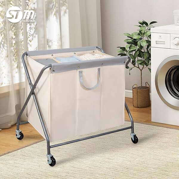 STORAGE MANIAC 160L Collapsible Laundry Hamper with Wheels, Rolling Laundry Basket, Heavy Duty Cloth Sorter with Removable Bag, Folding X Frame Clothes Organizer Cart for Easy to Store, 3 Section - Image 2