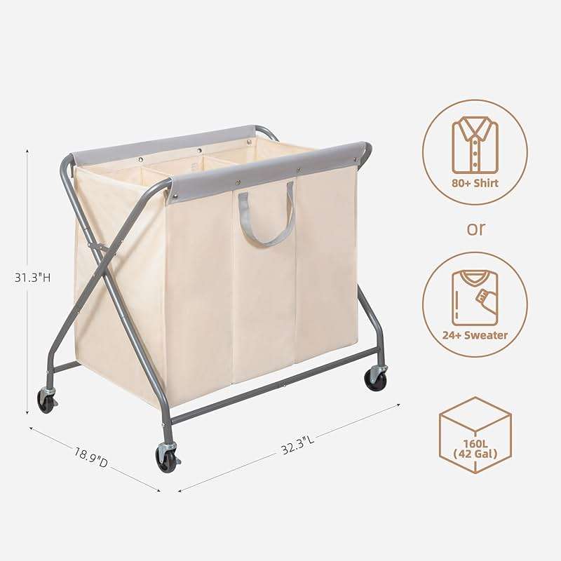STORAGE MANIAC 160L Collapsible Laundry Hamper with Wheels, Rolling Laundry Basket, Heavy Duty Cloth Sorter with Removable Bag, Folding X Frame Clothes Organizer Cart for Easy to Store, 3 Section - Image 3