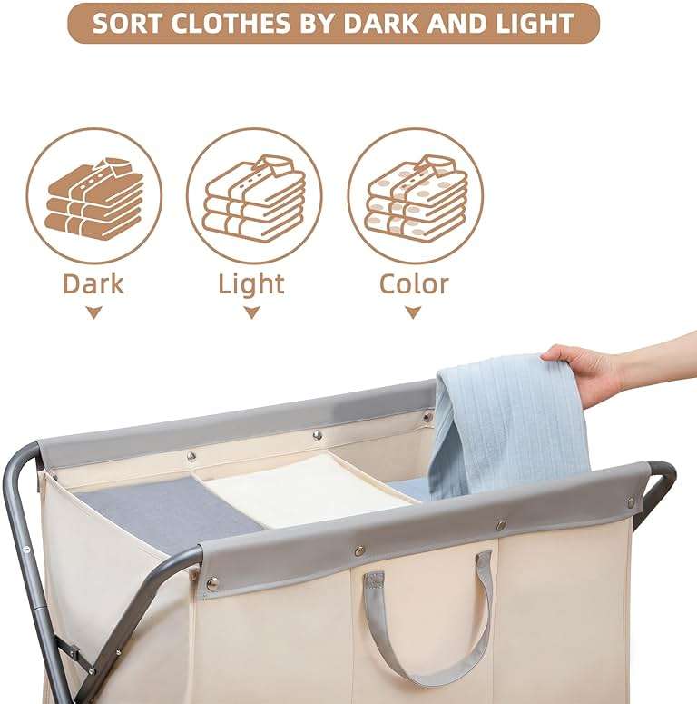 STORAGE MANIAC 160L Collapsible Laundry Hamper with Wheels, Rolling Laundry Basket, Heavy Duty Cloth Sorter with Removable Bag, Folding X Frame Clothes Organizer Cart for Easy to Store, 3 Section - Image 4