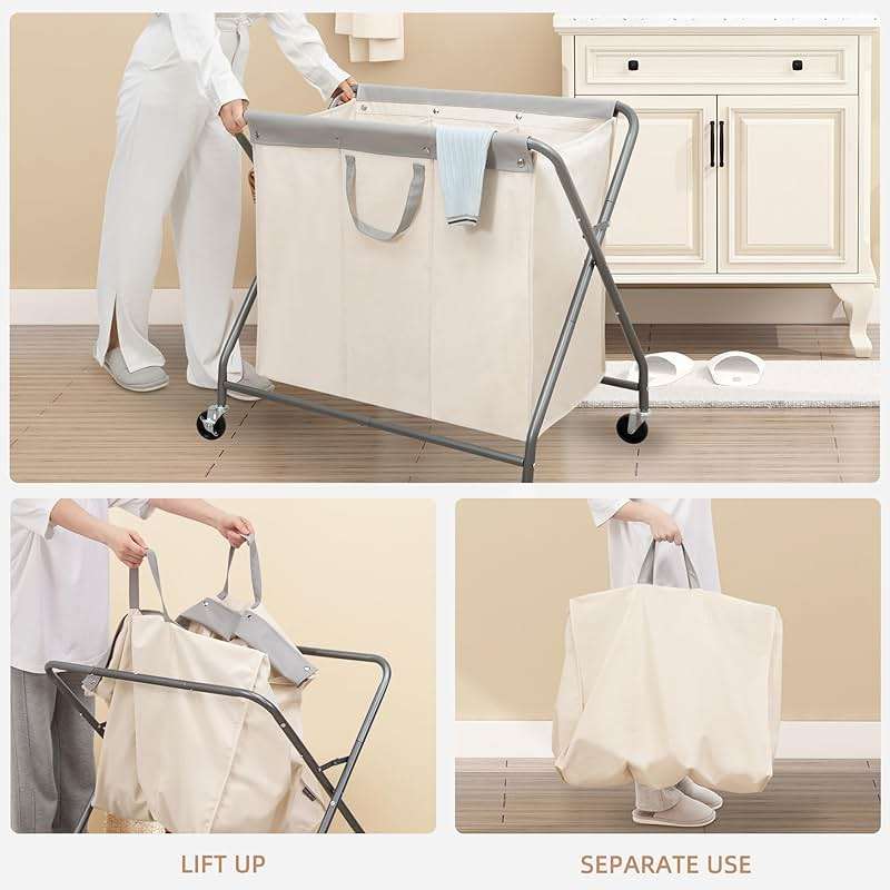 STORAGE MANIAC 160L Collapsible Laundry Hamper with Wheels, Rolling Laundry Basket, Heavy Duty Cloth Sorter with Removable Bag, Folding X Frame Clothes Organizer Cart for Easy to Store, 3 Section - Image 6